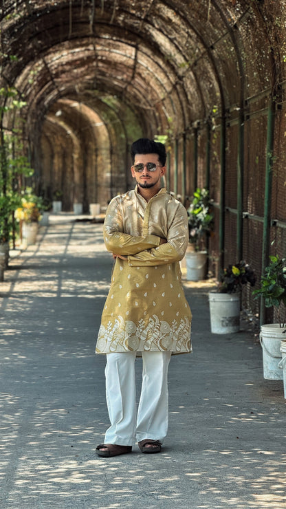 BEIGE PEACOCK FLORAL HALF-HALF PATTERN JACQUARD DESIGNER KURTA