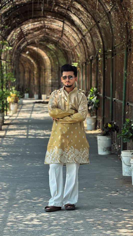 BEIGE PEACOCK FLORAL HALF-HALF PATTERN JACQUARD DESIGNER KURTA
