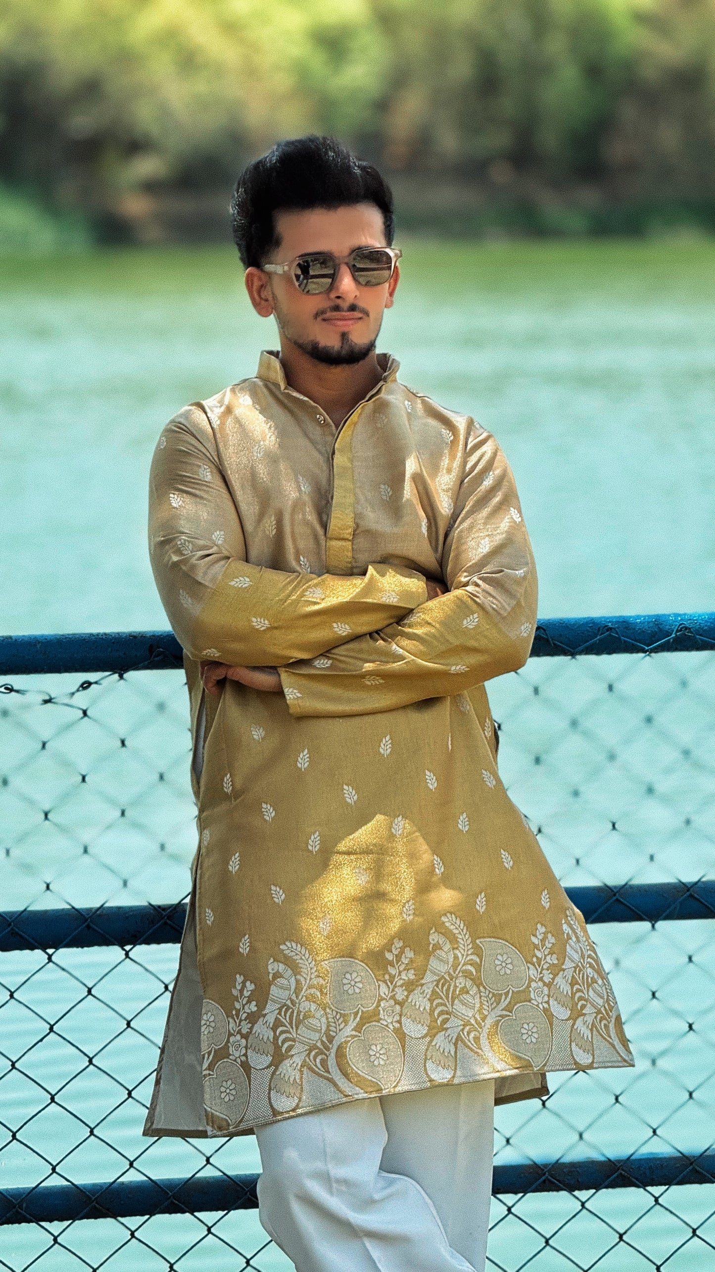 BEIGE PEACOCK FLORAL HALF-HALF PATTERN JACQUARD DESIGNER KURTA