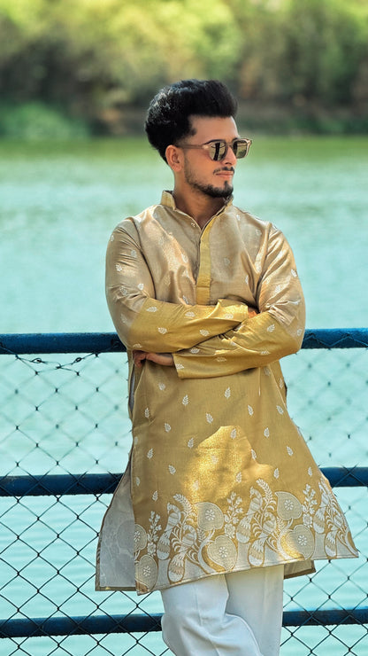 BEIGE PEACOCK FLORAL HALF-HALF PATTERN JACQUARD DESIGNER KURTA