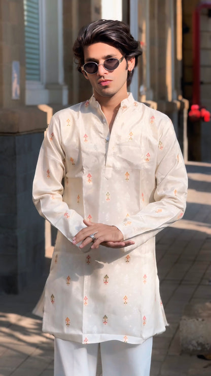 CREAM COLOUR WITH MULTICOLOUR  MOTIFS JACQUARD DESIGNER KURTA