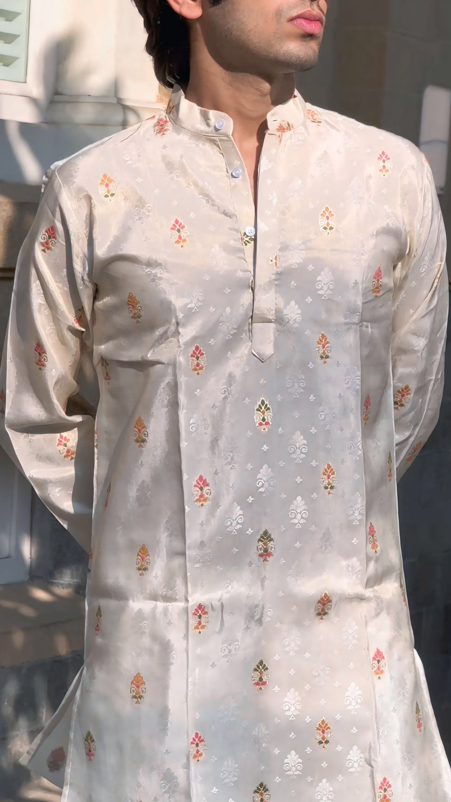 CREAM COLOUR WITH MULTICOLOUR  MOTIFS JACQUARD DESIGNER KURTA