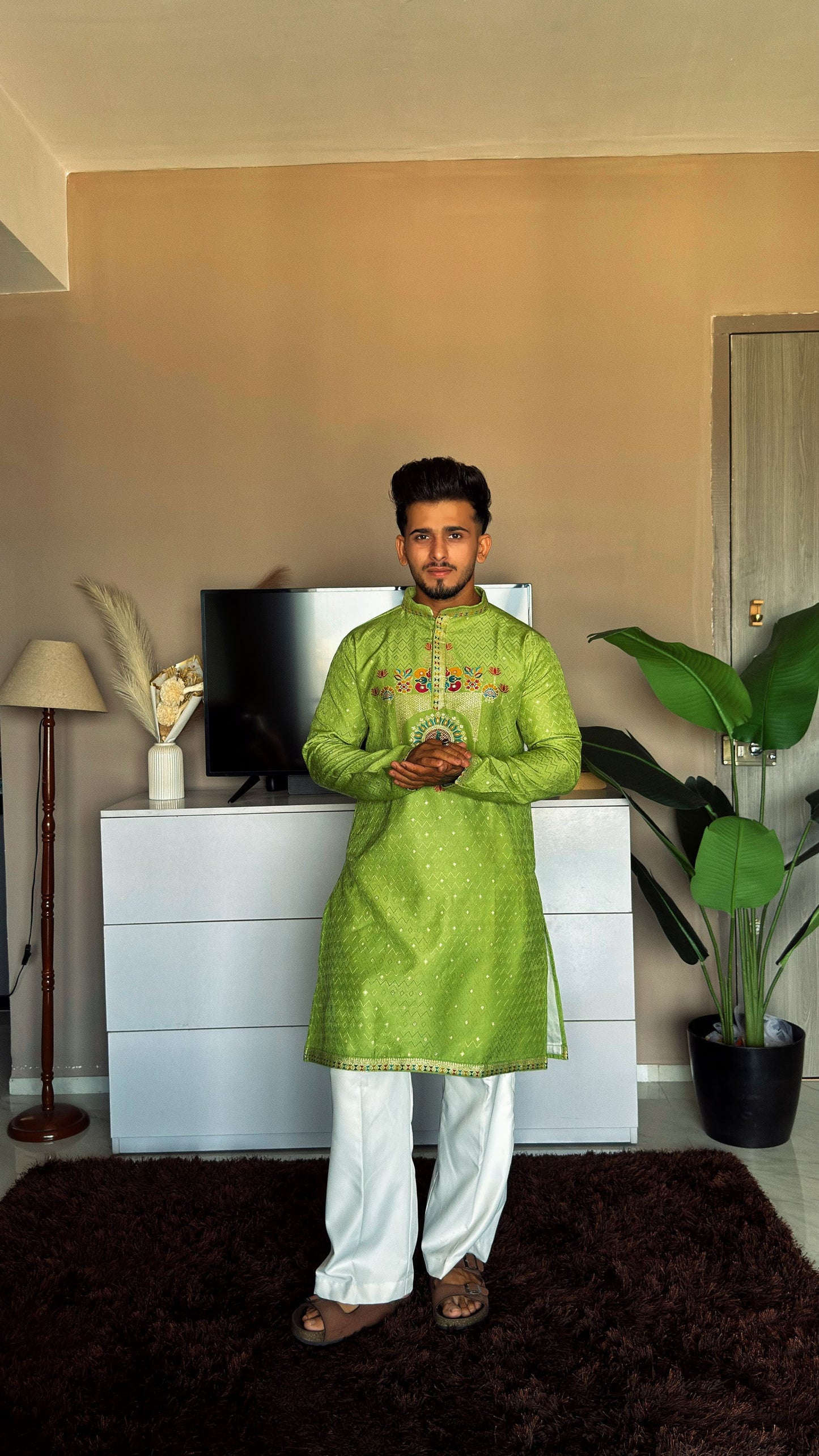 LIME GREEN PEACOCK MOTIF PATTERN JACQUARD DESIGNER KURTA
