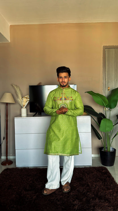 LIME GREEN PEACOCK MOTIF PATTERN JACQUARD DESIGNER KURTA