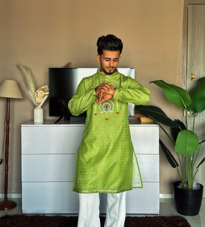 LIME GREEN PEACOCK MOTIF PATTERN JACQUARD DESIGNER KURTA