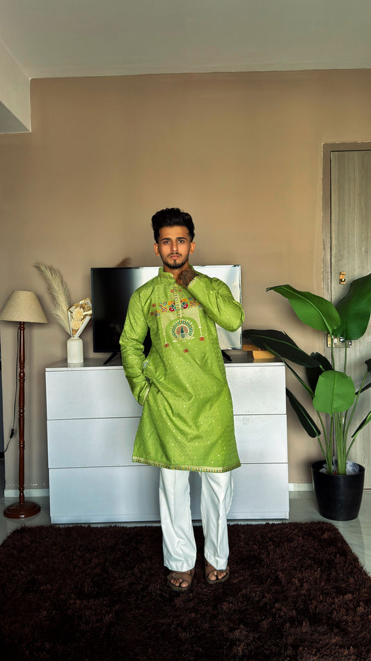 LIME GREEN PEACOCK MOTIF PATTERN JACQUARD DESIGNER KURTA
