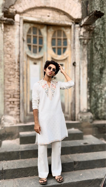 WHITE JACQUARD DESIGNER KURTA FOR MEN WITH ROYAL ELEPHANT HEAVY NECK PATTERN