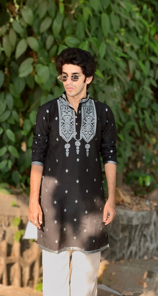 BLACK JACQUARD DESIGNER KURTA FOR MEN WITH HEAVY NECK PATTERN