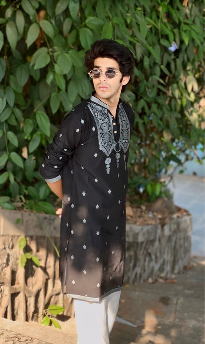 BLACK JACQUARD DESIGNER KURTA FOR MEN WITH HEAVY NECK PATTERN