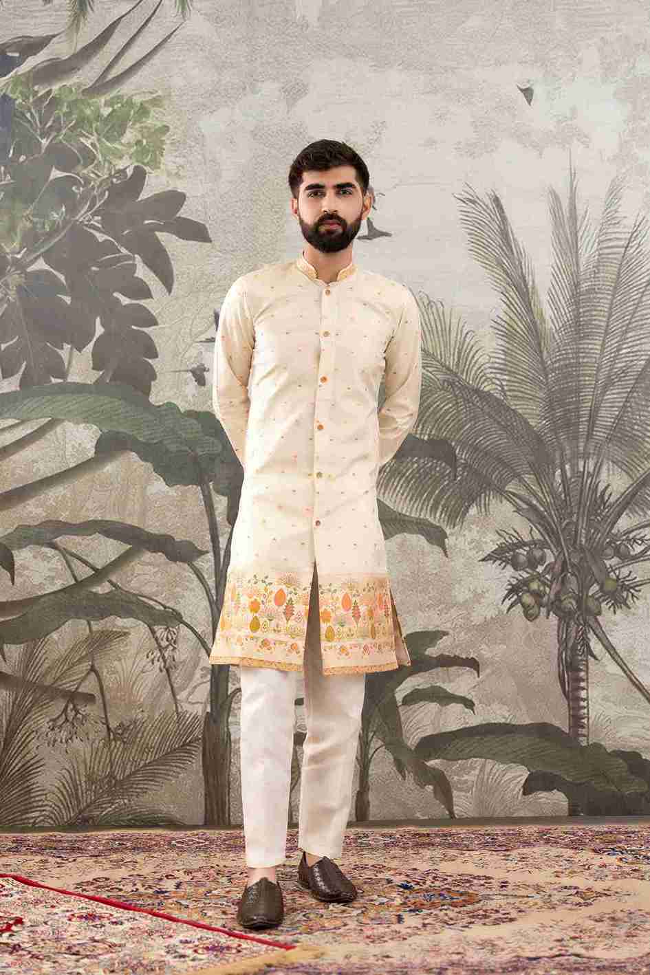 BEIGE FLOWERS PAITHANI JACQUARD DESIGNER INDO-WESTERN KURTA