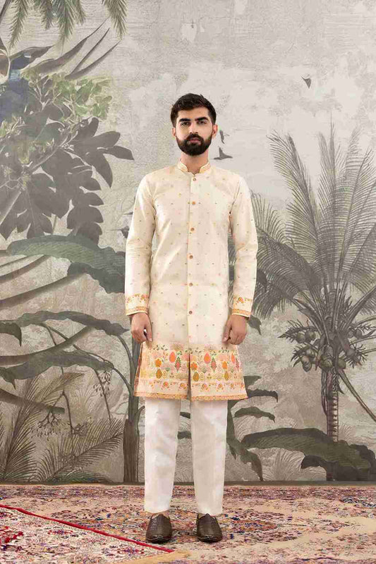 BEIGE FLOWERS PAITHANI JACQUARD DESIGNER INDO-WESTERN KURTA