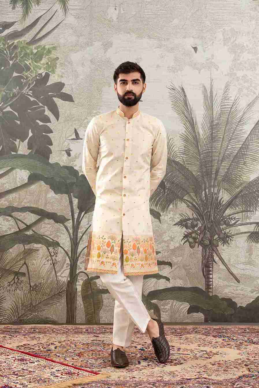 BEIGE FLOWERS PAITHANI JACQUARD DESIGNER INDO-WESTERN KURTA