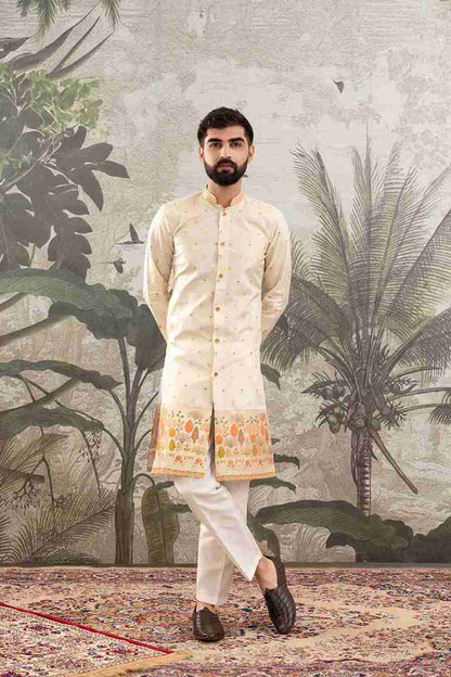 BEIGE FLOWERS PAITHANI JACQUARD DESIGNER INDO-WESTERN KURTA