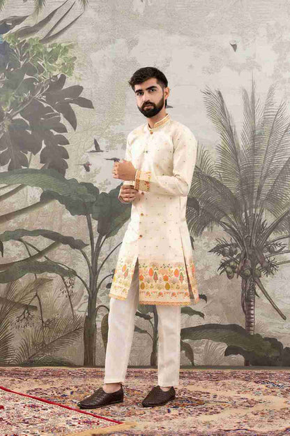 BEIGE FLOWERS PAITHANI JACQUARD DESIGNER INDO-WESTERN KURTA