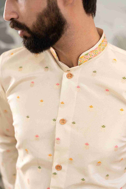 BEIGE FLOWERS PAITHANI JACQUARD DESIGNER INDO-WESTERN KURTA
