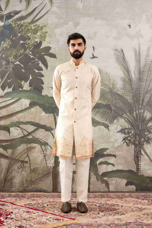 BEIGE FLOWER BOUQUET PATTERN JACQUARD DESIGNER INDO-WESTERN KURTA