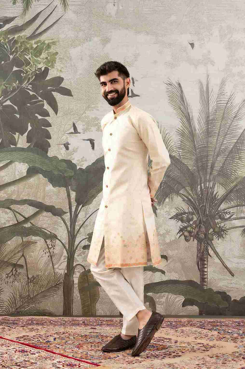 BEIGE FLOWER BOUQUET PATTERN JACQUARD DESIGNER INDO-WESTERN KURTA