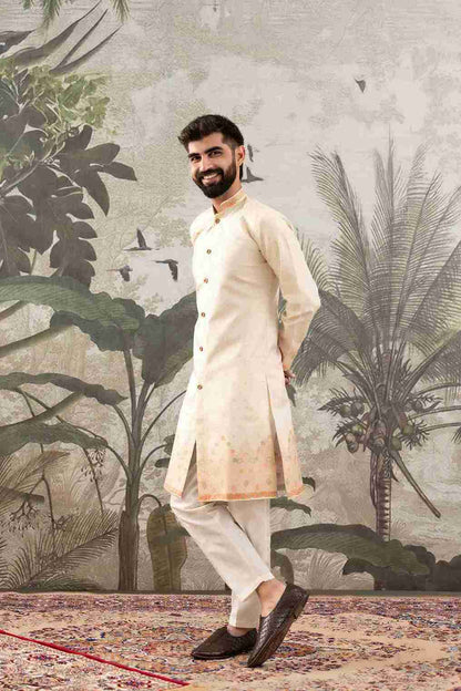 BEIGE FLOWER BOUQUET PATTERN JACQUARD DESIGNER INDO-WESTERN KURTA