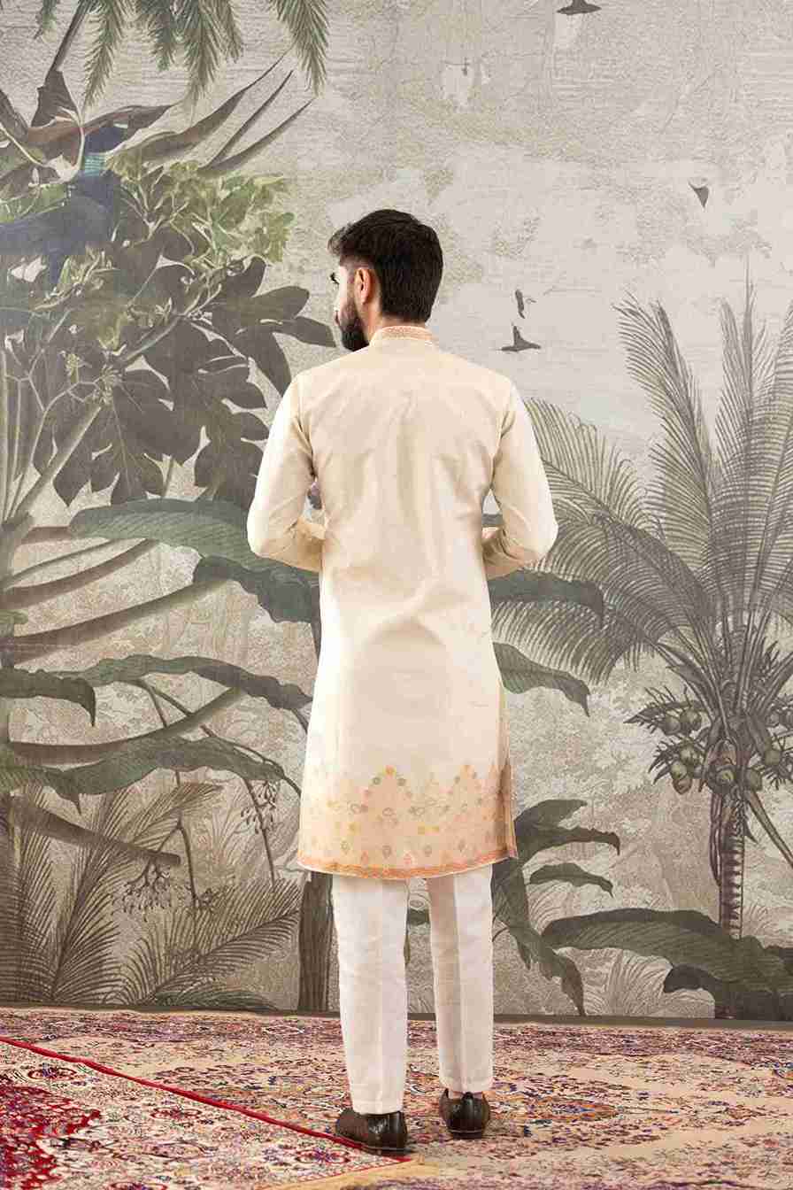 BEIGE FLOWER BOUQUET PATTERN JACQUARD DESIGNER INDO-WESTERN KURTA