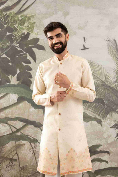 BEIGE FLOWER BOUQUET PATTERN JACQUARD DESIGNER INDO-WESTERN KURTA