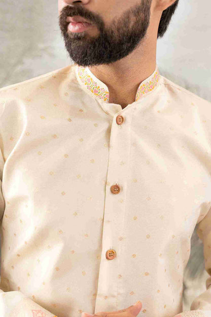 BEIGE FLOWER BOUQUET PATTERN JACQUARD DESIGNER INDO-WESTERN KURTA