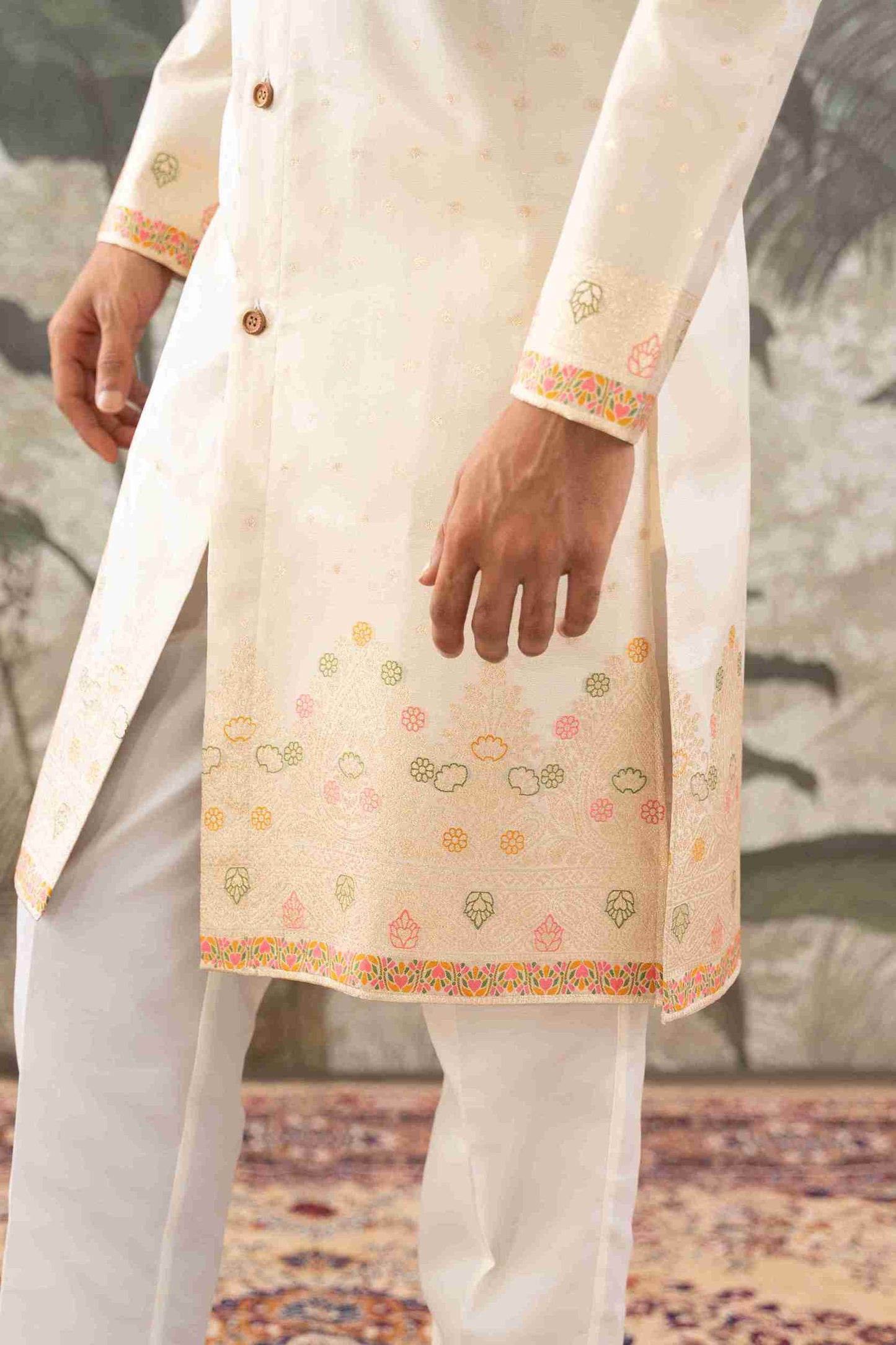 BEIGE FLOWER BOUQUET PATTERN JACQUARD DESIGNER INDO-WESTERN KURTA