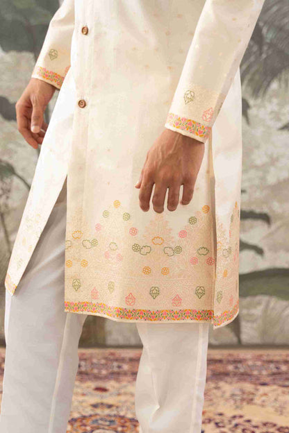 BEIGE FLOWER BOUQUET PATTERN JACQUARD DESIGNER INDO-WESTERN KURTA