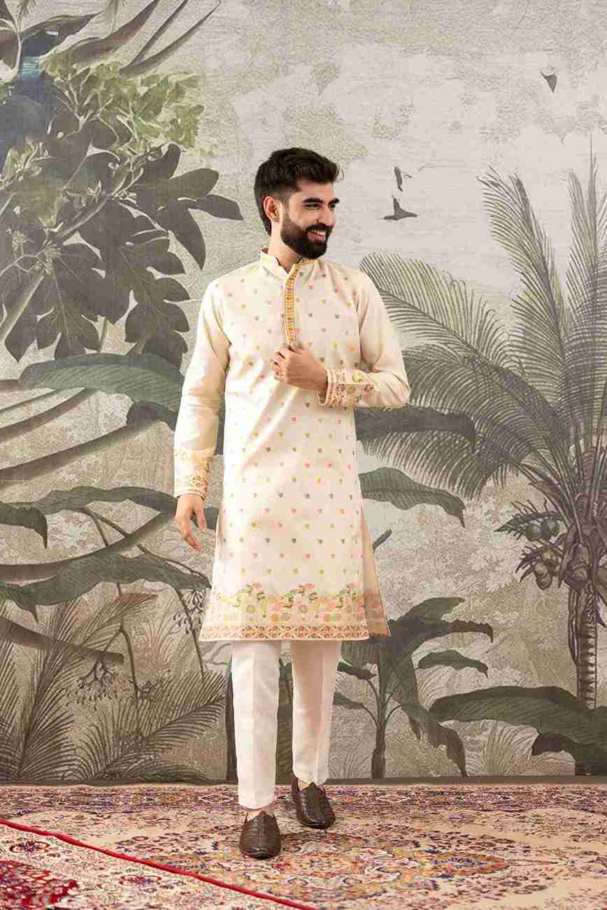 BEIGE PEACOCK FLOWER PATTERN JACQUARD DESIGNER KURTA