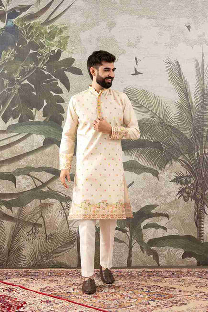 BEIGE PEACOCK FLOWER PATTERN JACQUARD DESIGNER KURTA