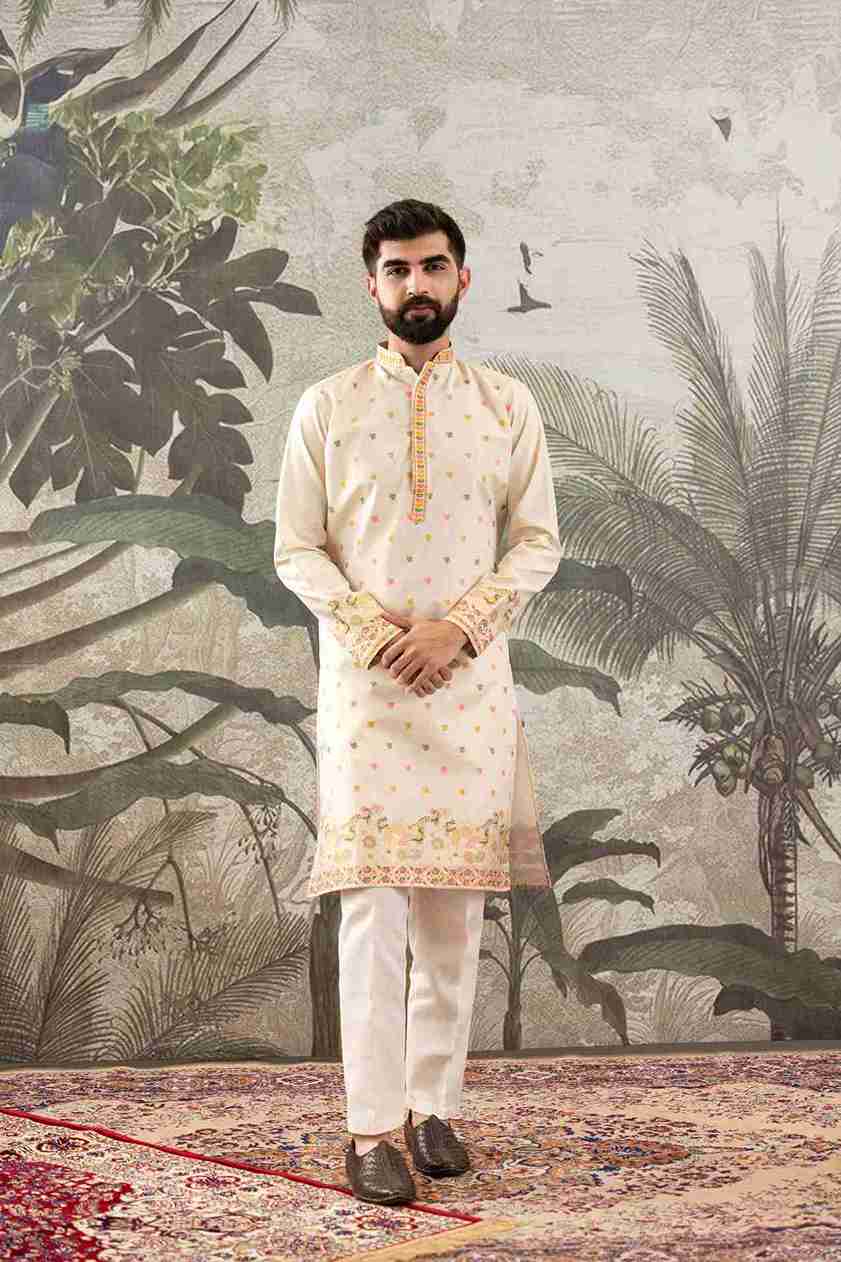 BEIGE PEACOCK FLOWER PATTERN JACQUARD DESIGNER KURTA