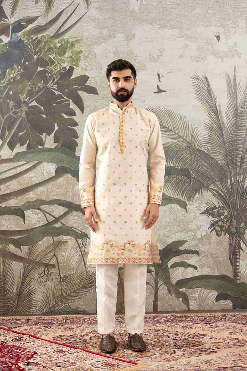 BEIGE PEACOCK FLOWER PATTERN JACQUARD DESIGNER KURTA