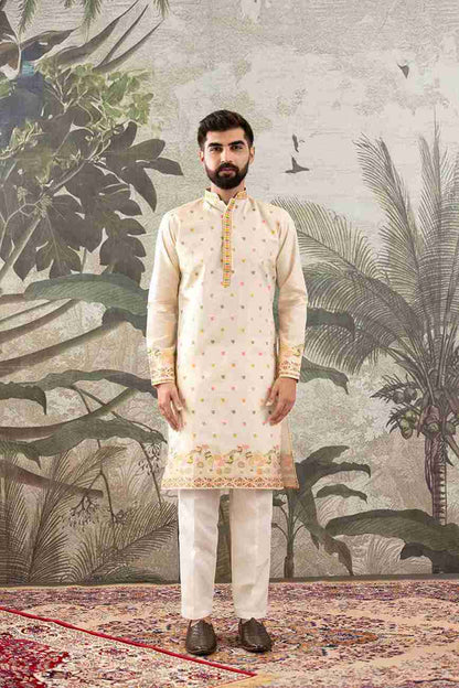 BEIGE PEACOCK FLOWER PATTERN JACQUARD DESIGNER KURTA