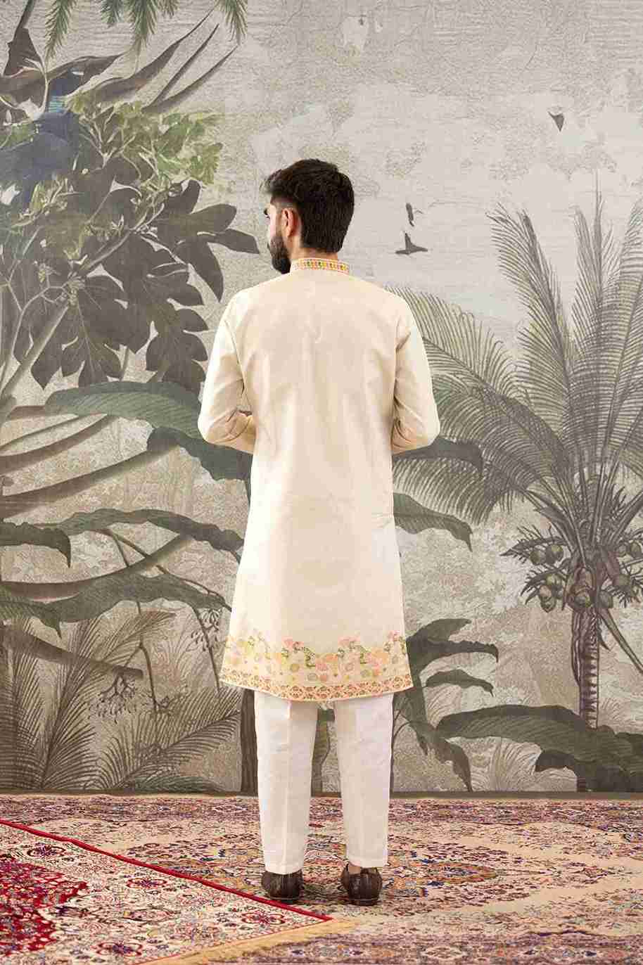 BEIGE PEACOCK FLOWER PATTERN JACQUARD DESIGNER KURTA
