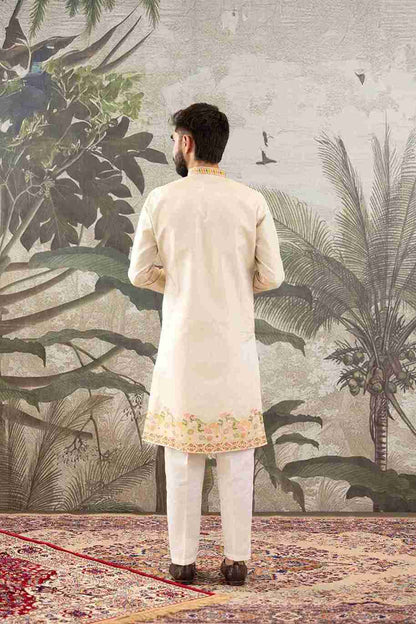 BEIGE PEACOCK FLOWER PATTERN JACQUARD DESIGNER KURTA