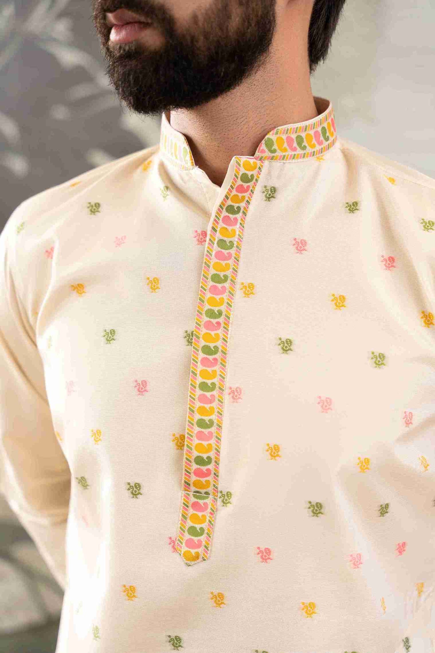 BEIGE PEACOCK FLOWER PATTERN JACQUARD DESIGNER KURTA
