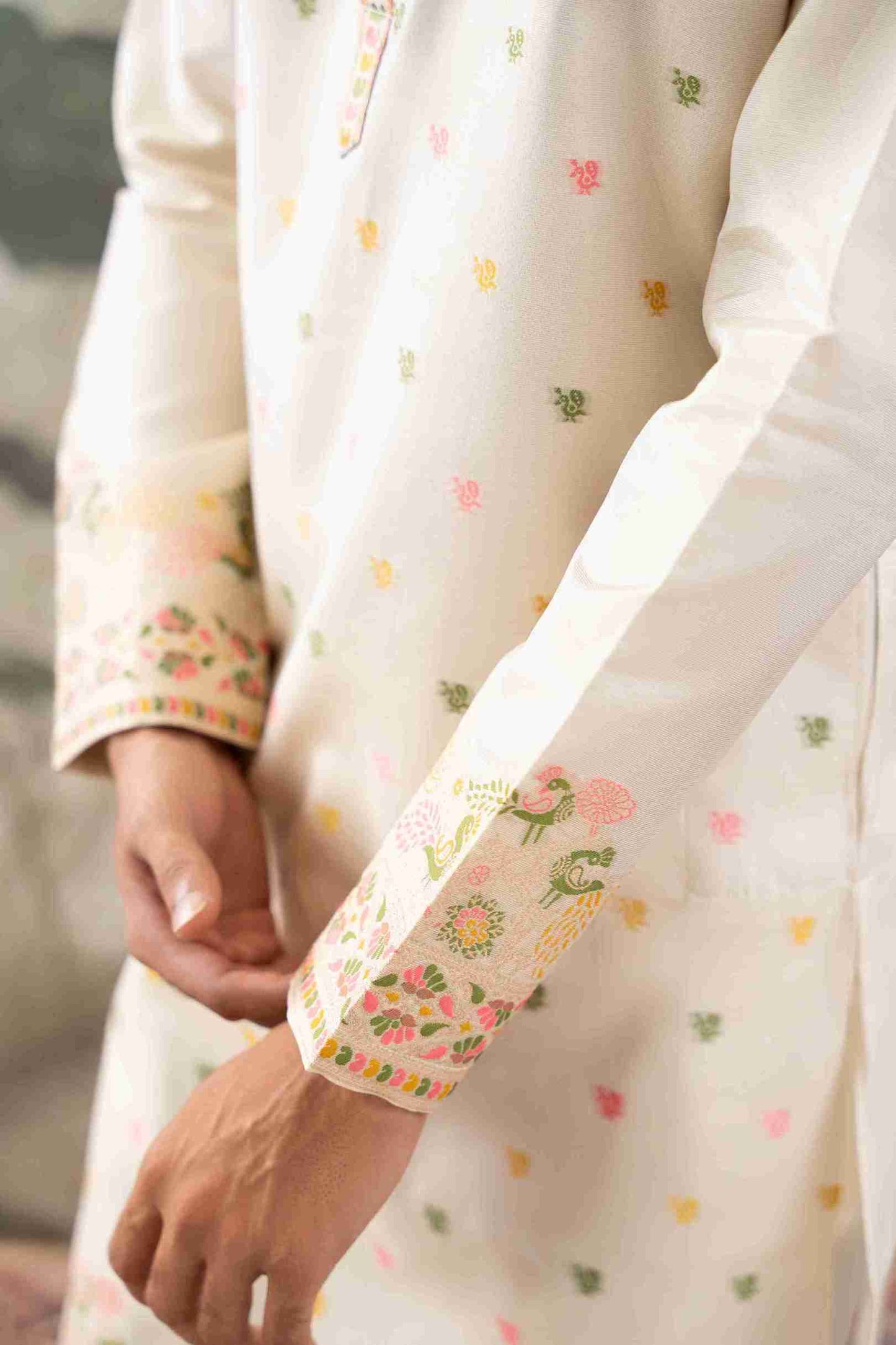 BEIGE PEACOCK FLOWER PATTERN JACQUARD DESIGNER KURTA