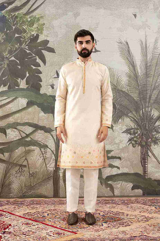 BEIGE FLOWER PATTERN JACQUARD DESIGNER KURTA