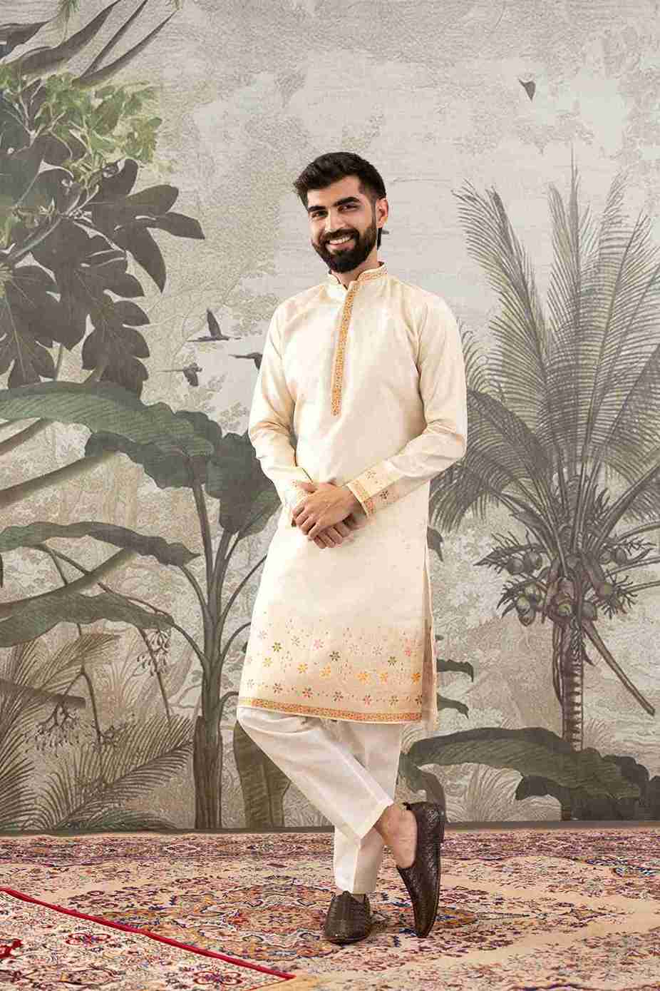BEIGE FLOWER PATTERN JACQUARD DESIGNER KURTA