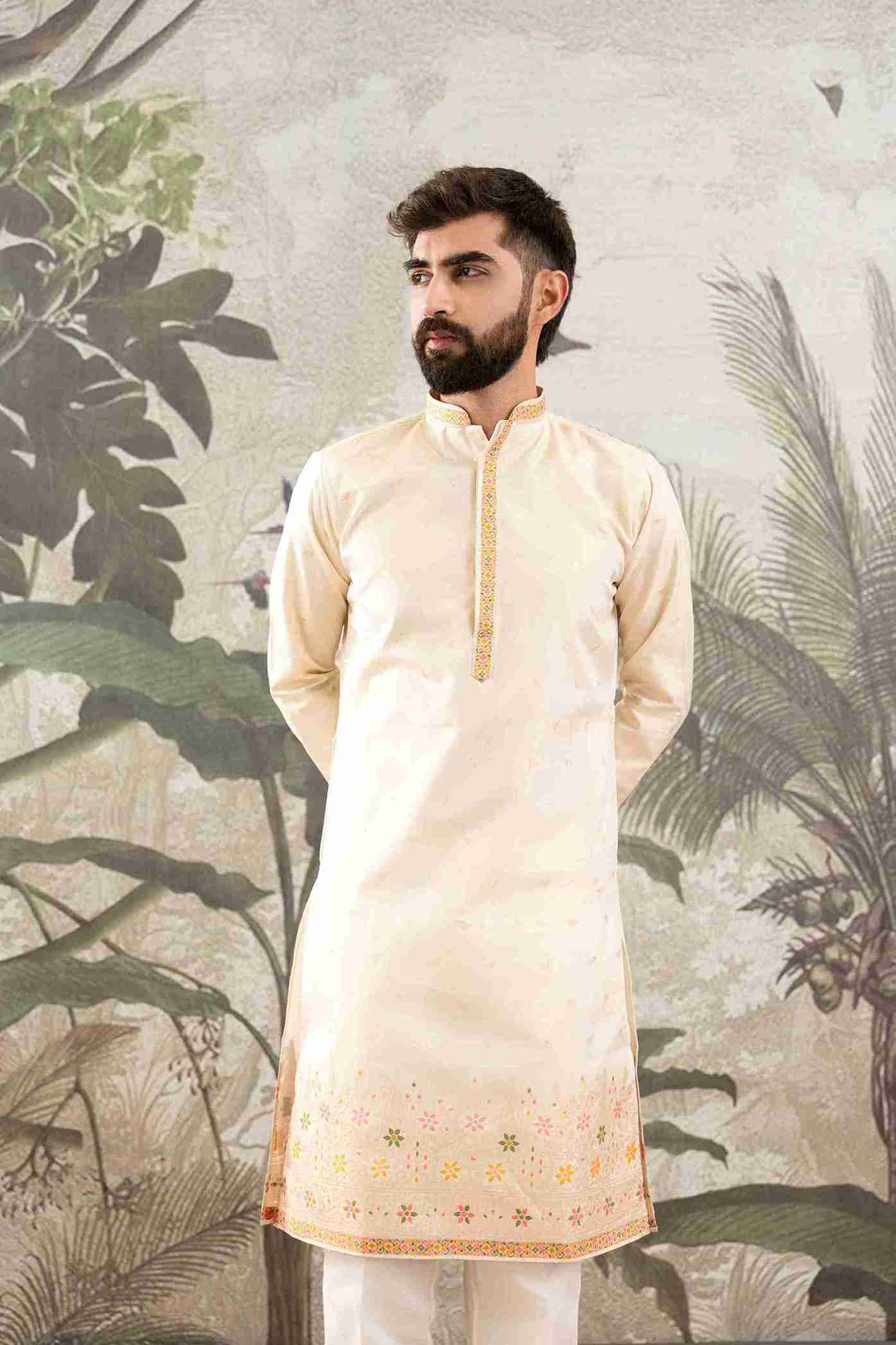BEIGE FLOWER PATTERN JACQUARD DESIGNER KURTA