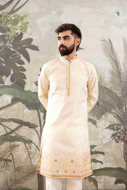 BEIGE FLOWER PATTERN JACQUARD DESIGNER KURTA
