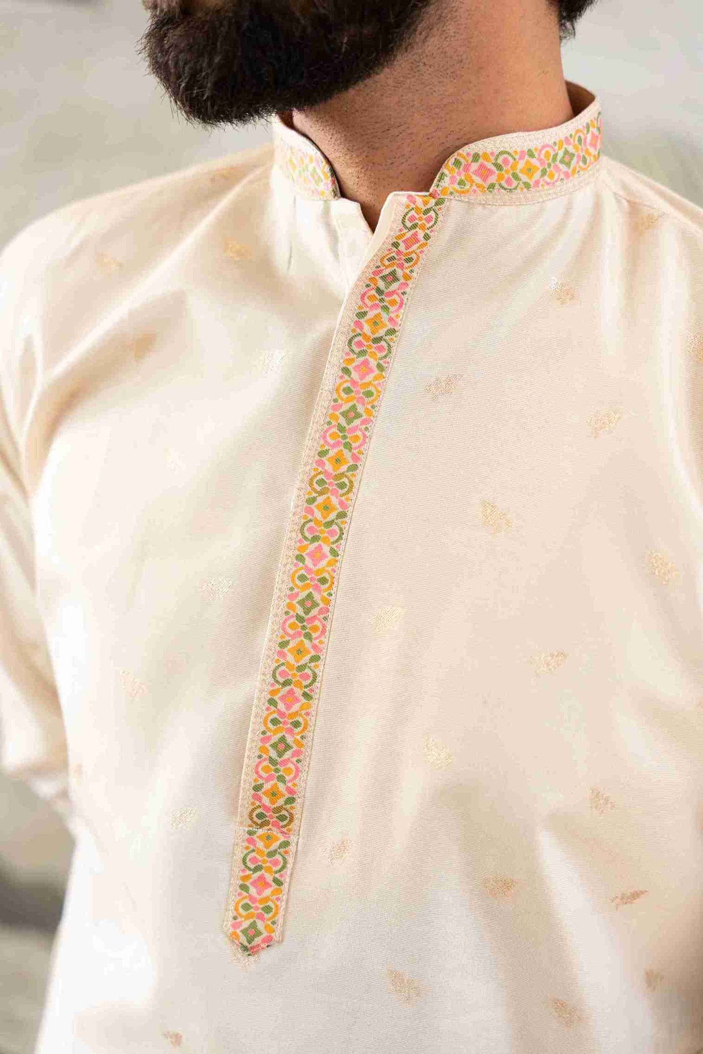 BEIGE FLOWER PATTERN JACQUARD DESIGNER KURTA
