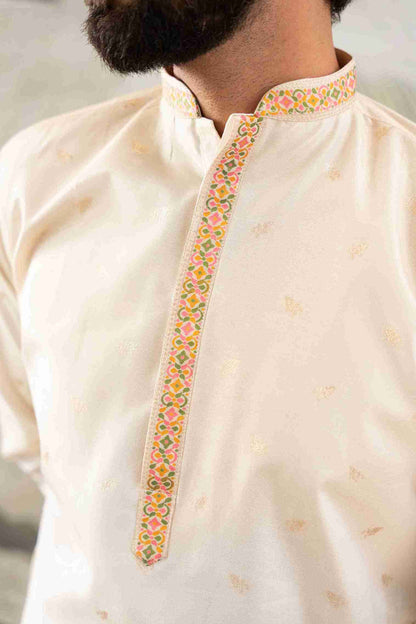 BEIGE FLOWER PATTERN JACQUARD DESIGNER KURTA