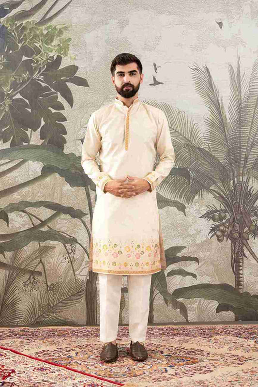 BEIGE FLOWER PATTERN JACQUARD DESIGNER KURTA