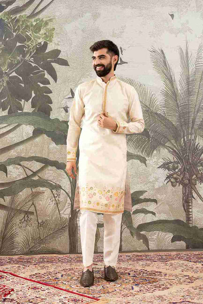 BEIGE FLOWER PATTERN JACQUARD DESIGNER KURTA