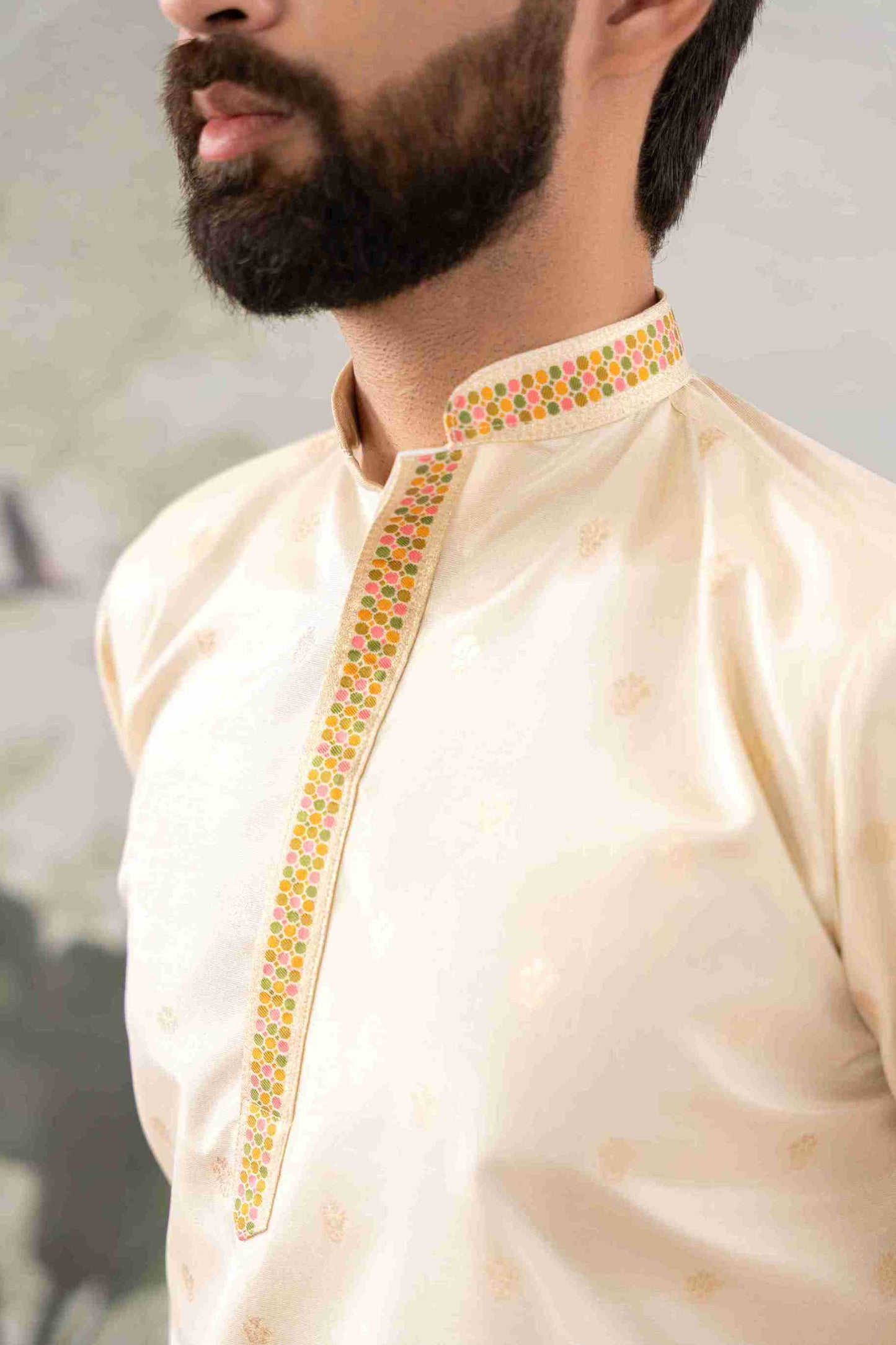 BEIGE FLOWER PATTERN JACQUARD DESIGNER KURTA