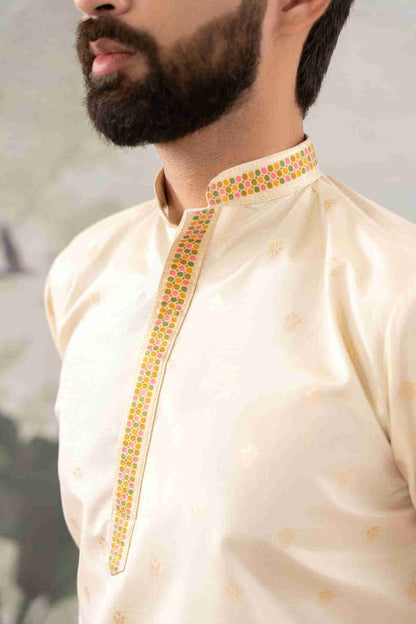 BEIGE FLOWER PATTERN JACQUARD DESIGNER KURTA