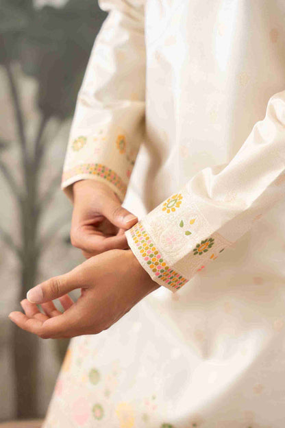 BEIGE FLOWER PATTERN JACQUARD DESIGNER KURTA