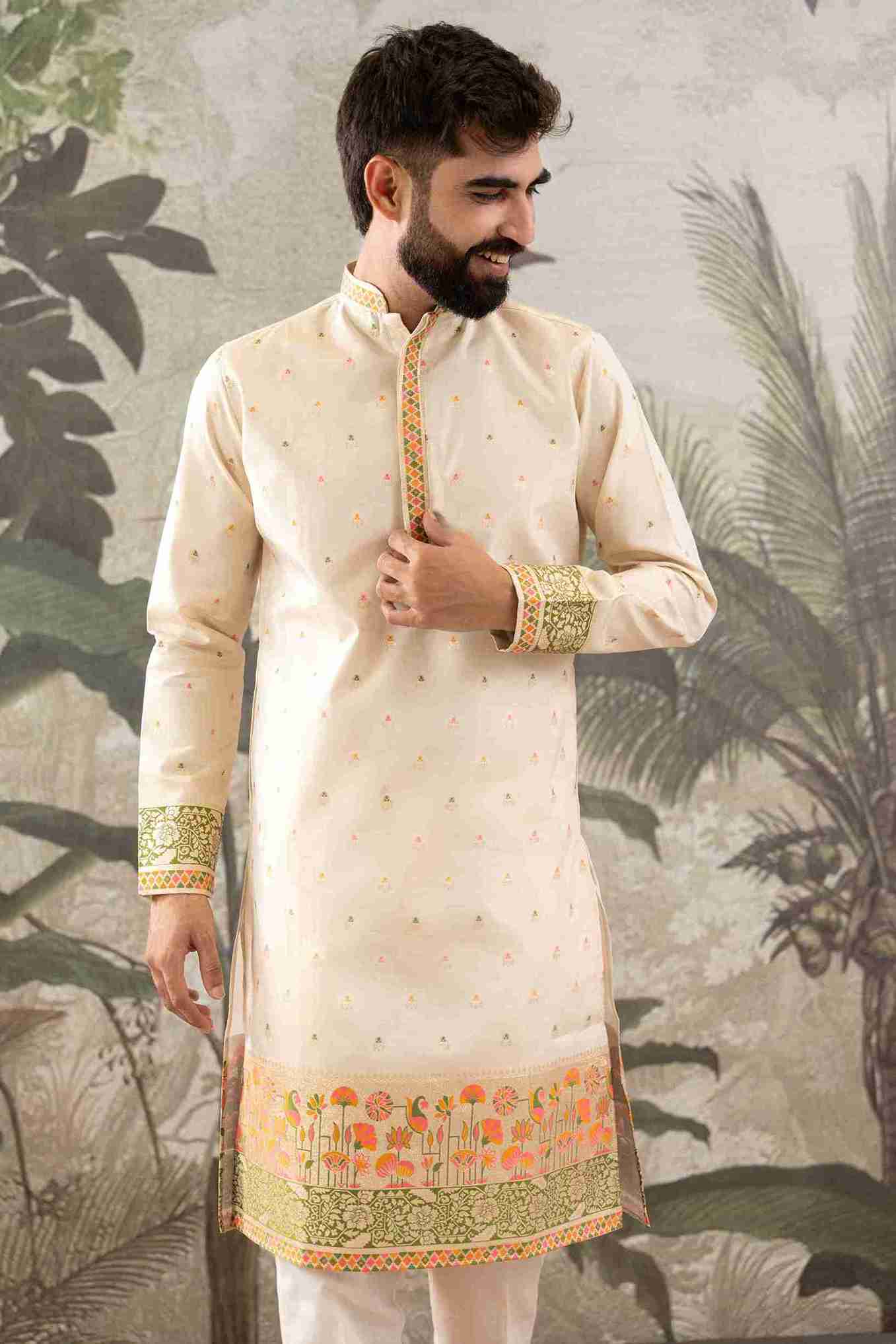 BEIGE FLOWERS PAITHANI JACQUARD DESIGNER KURTA