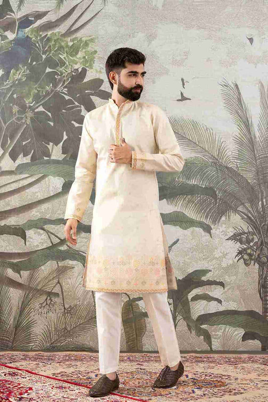 BEIGE FLORAL AND GEOMETRIC PATTERN JACQUARD DESIGNER KURTA