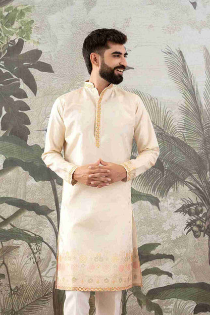 BEIGE FLORAL AND GEOMETRIC PATTERN JACQUARD DESIGNER KURTA